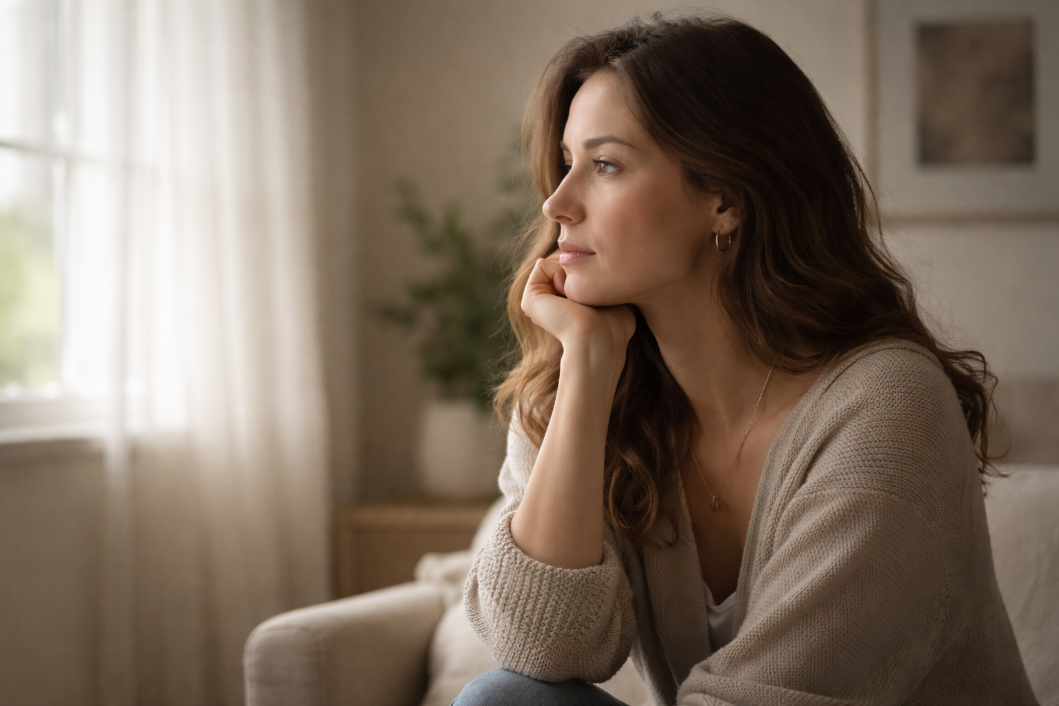 mujer reflexiva mirando por la ventana en un momento de calma interior