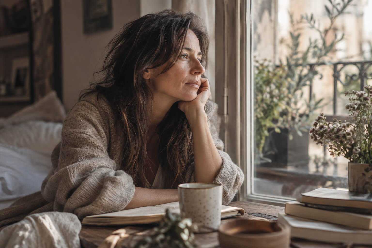 Mujer junto a una ventana en un momento de pausa y reflexión sobre las memorias que permanecen.