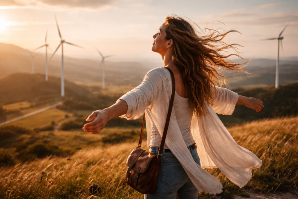 mujer con el cabello movido por el viento en un paisaje con aerogeneradores simbolizando sostenibilidad personal y energía interior