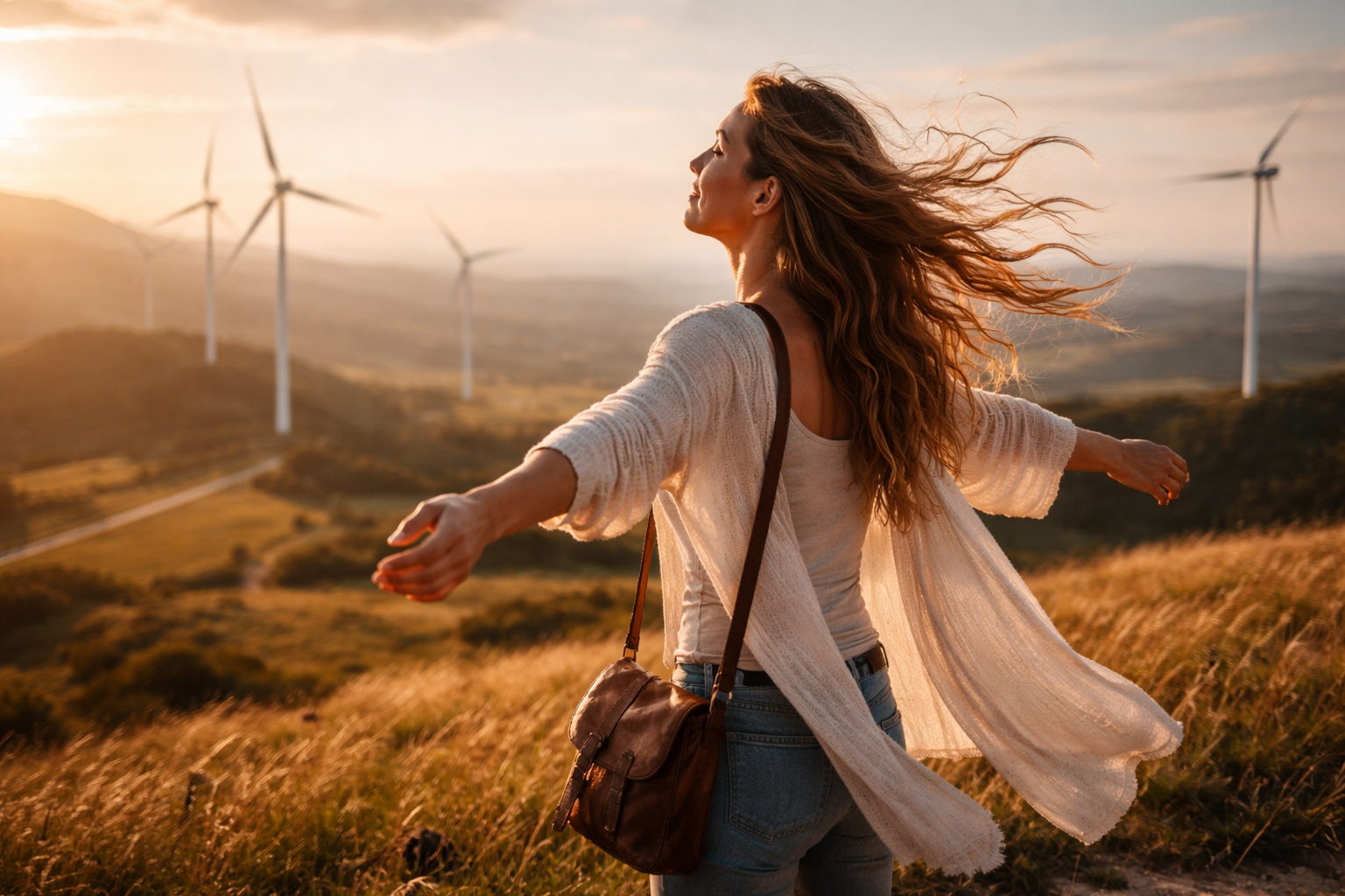mujer con el cabello movido por el viento en un paisaje con aerogeneradores simbolizando sostenibilidad personal y energía interior