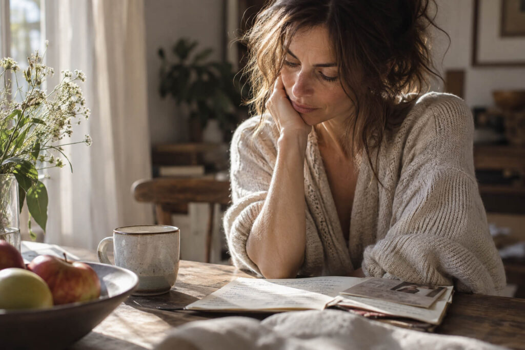 Mujer hojeando un antiguo cuaderno junto a una taza y unas manzanas