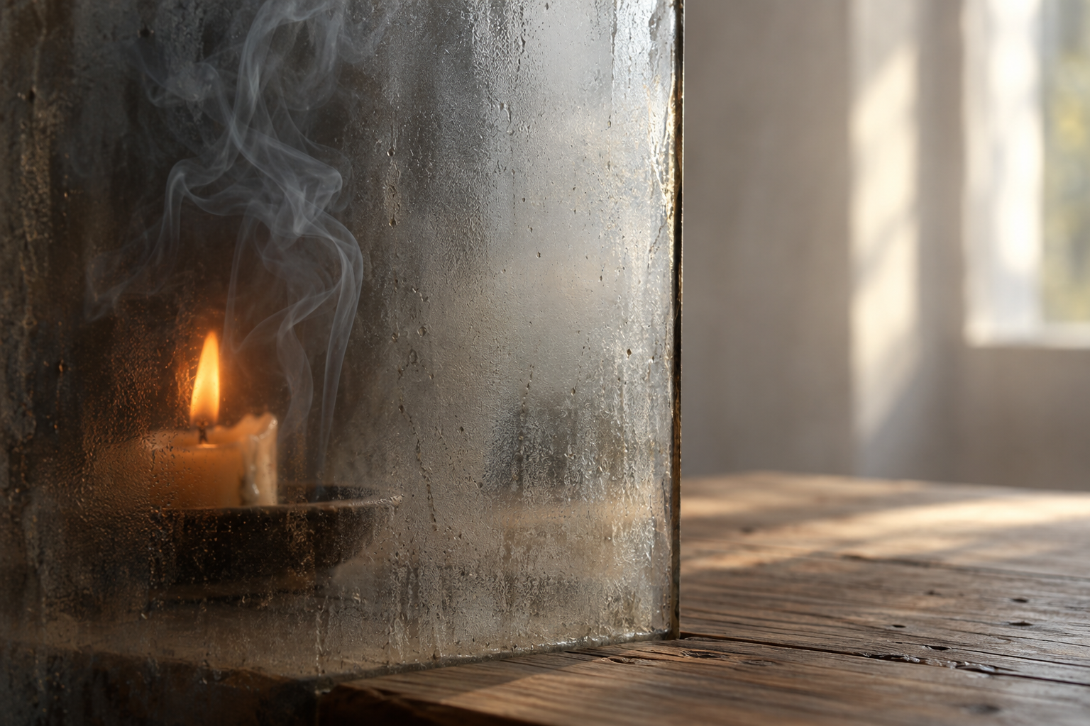 Una vela encendida tras un cristal empañado, con humo que asciende y luz natural sobre una mesa de madera.