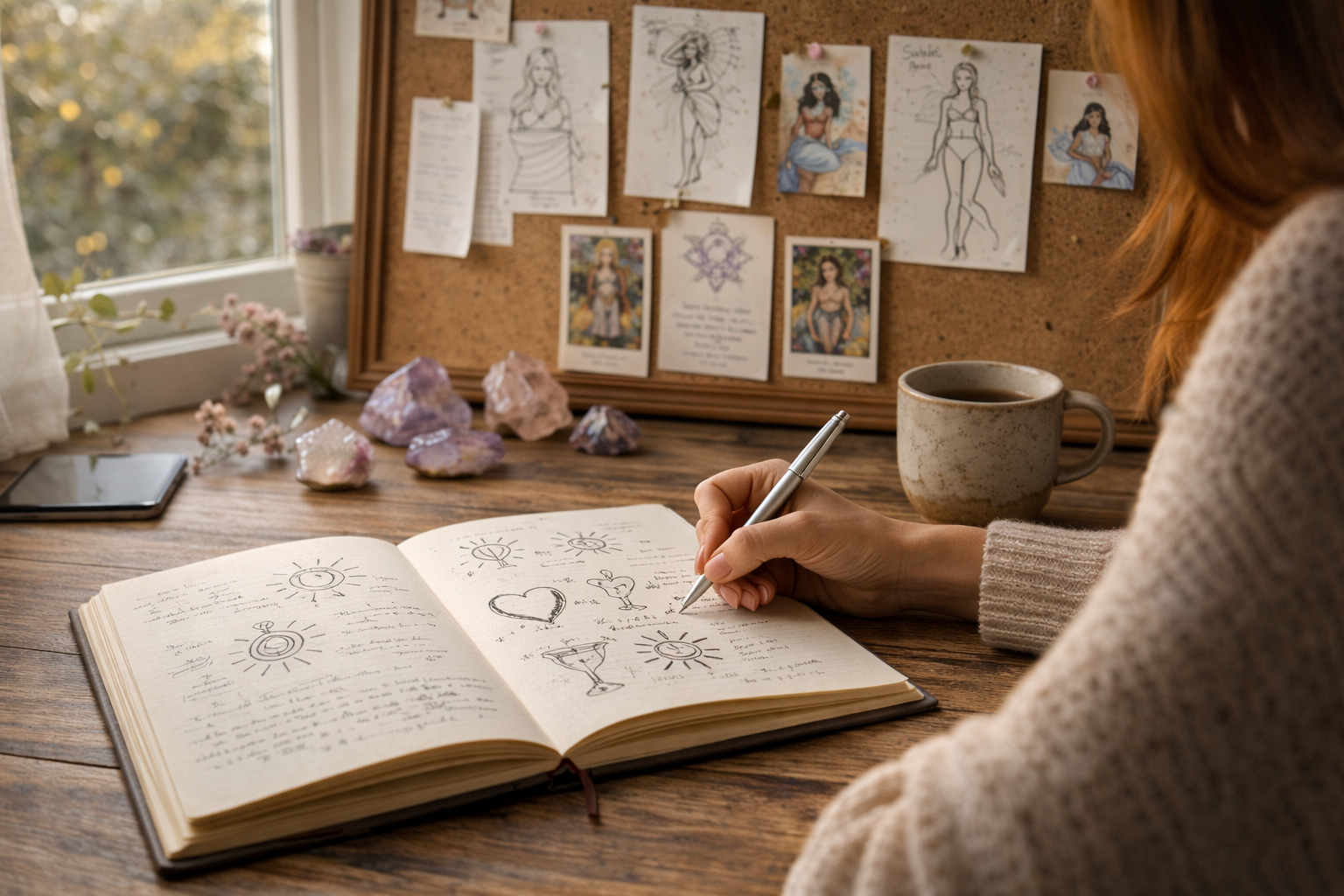 Mujer escribiendo en un cuaderno con símbolos dibujados, sentada frente a un tablero con bocetos y notas en un espacio de trabajo luminoso.