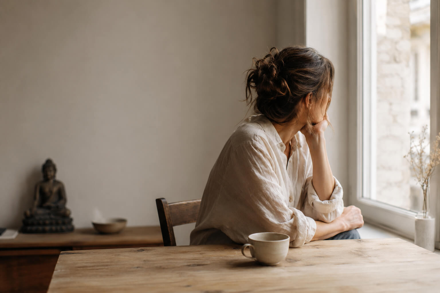 Mujer adulta sentada junto a una ventana observando en silencio la luz natural de la mañana, con una taza sobre la mesa y una figura de Buda al fondo.