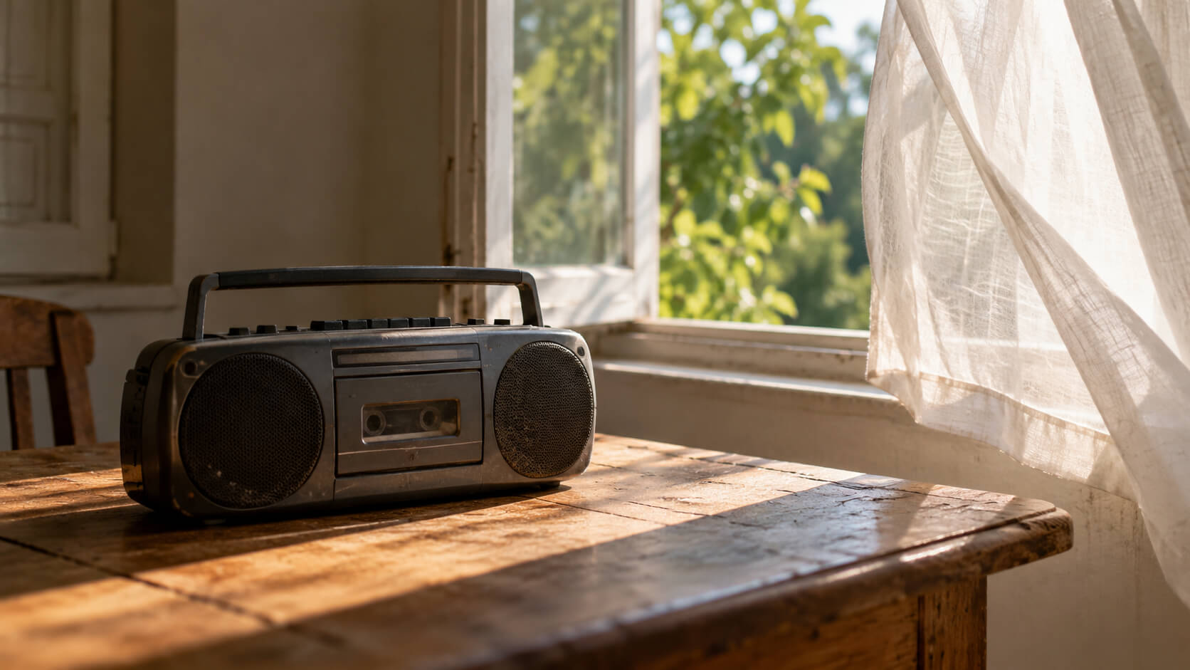 Un radiocasete sobre una mesa de madera junto a una ventana abierta y una cortina ligera.