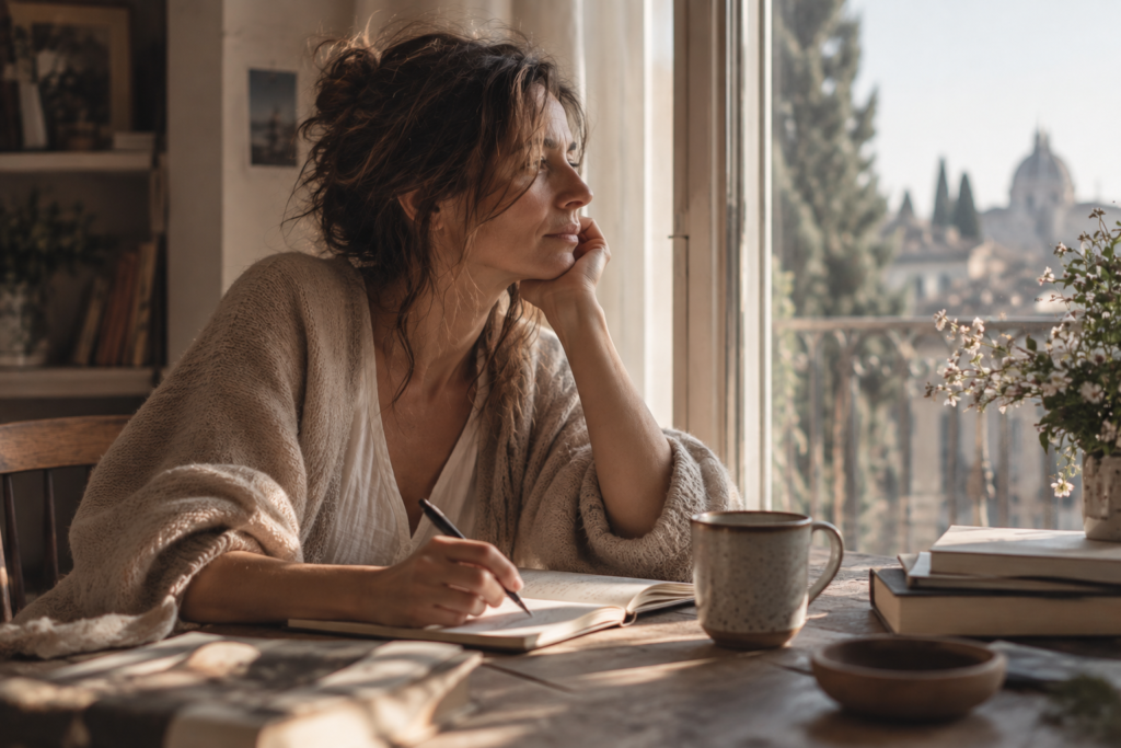 Mujer escribiendo sus preguntas junto a una ventana en un momento de reflexión y calma.