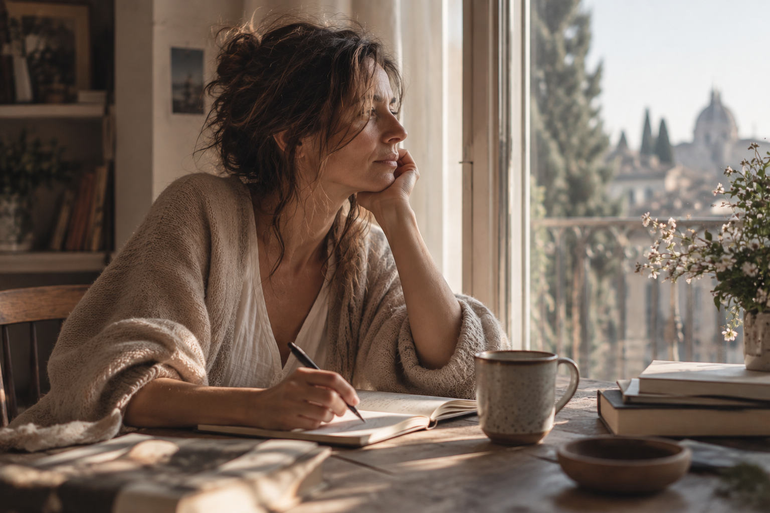 Mujer escribiendo sus preguntas junto a una ventana en un momento de reflexión y calma.