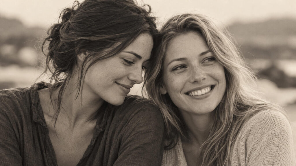 Retrato en tonos sepia de dos hermanas que sonríen con las cabezas juntas.