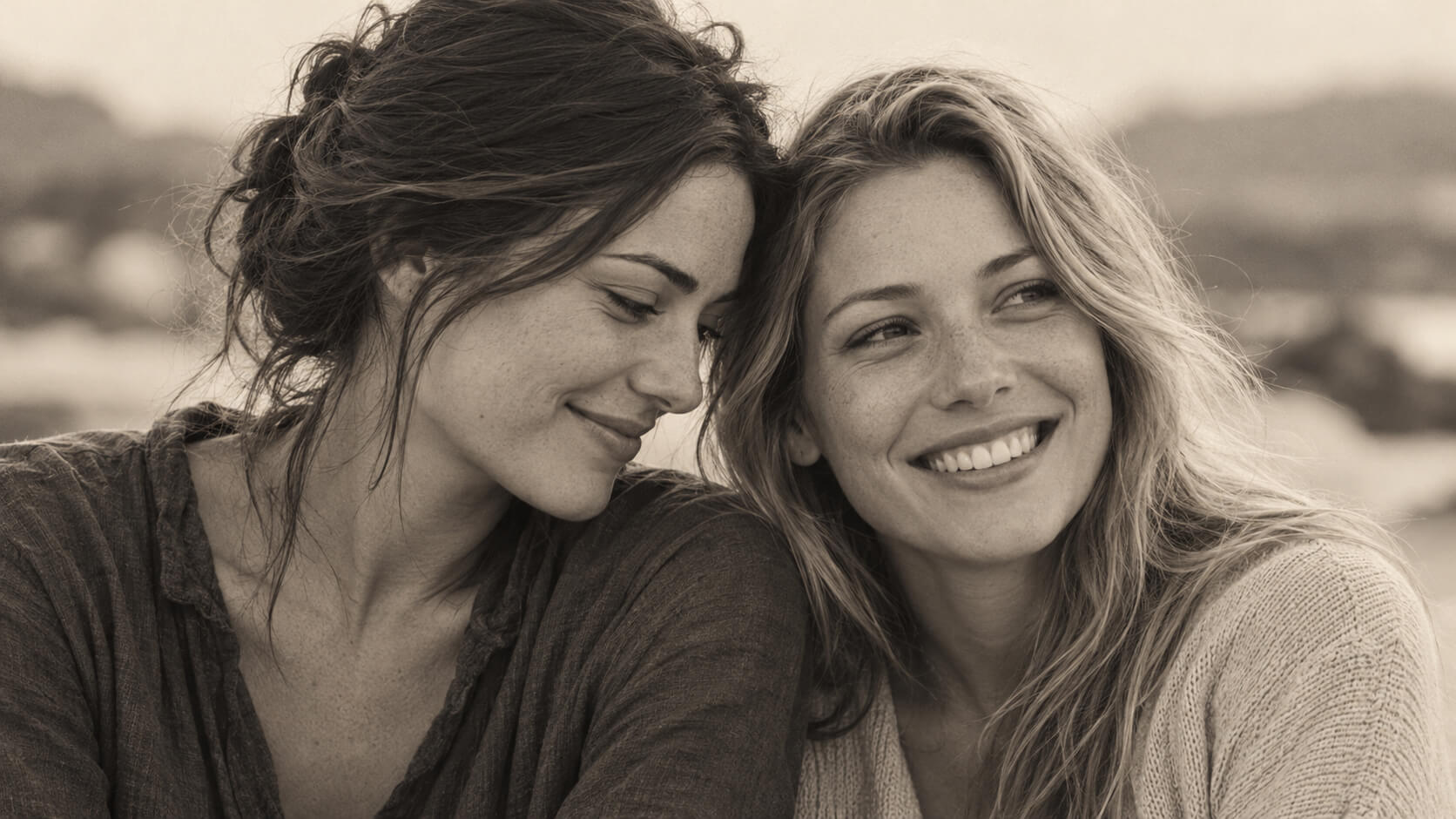Retrato en tonos sepia de dos hermanas que sonríen con las cabezas juntas.