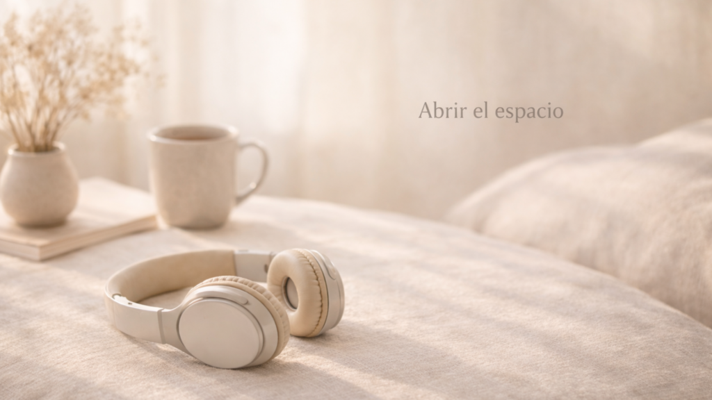 Auriculares beige reposan sobre una superficie de lino bañada por luz natural suave; al fondo, una taza de cerámica, un cuaderno y flores secas componen una escena serena que evoca abrir el espacio.
