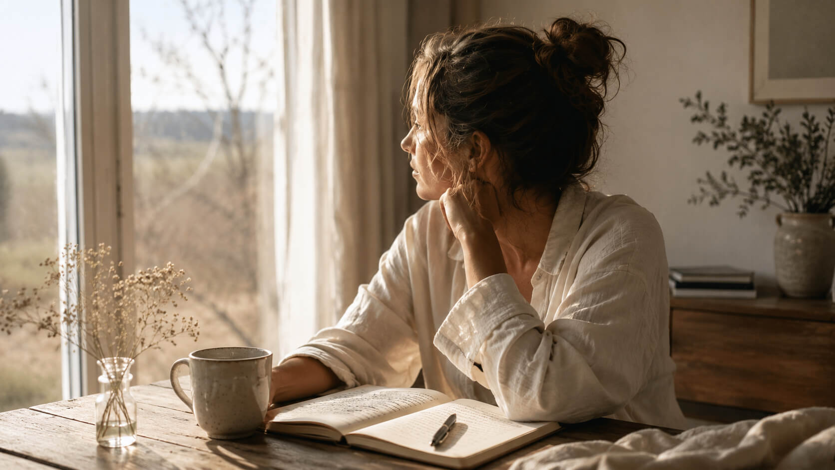 Mujer serena junto a una ventana reflexionando sobre la sombra del padre y la relación con el lado dulce de la vida.