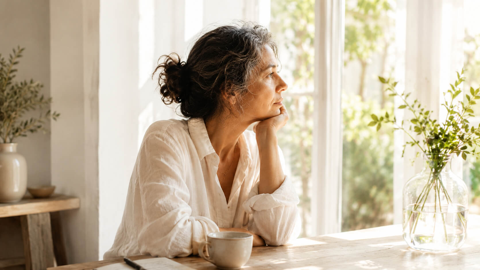 Mujer madura sentada junto a una ventana, en un momento de pausa y reflexión.