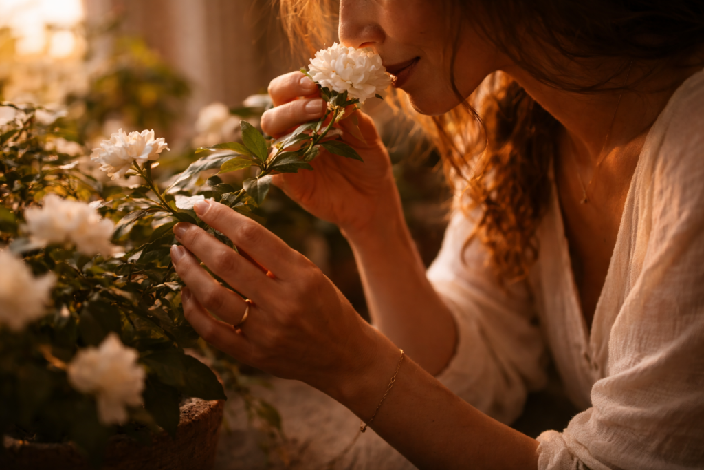 Mujer oliendo una flor blanca con delicadeza, evocando la experiencia sensorial y la percepción consciente a través de los sentidos