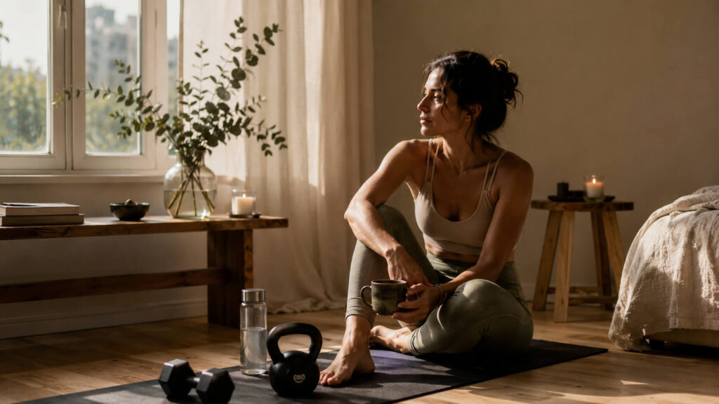 Mujer descansando después de entrenar en un espacio íntimo iluminado por luz natural, conectando con su cuerpo y respiración.