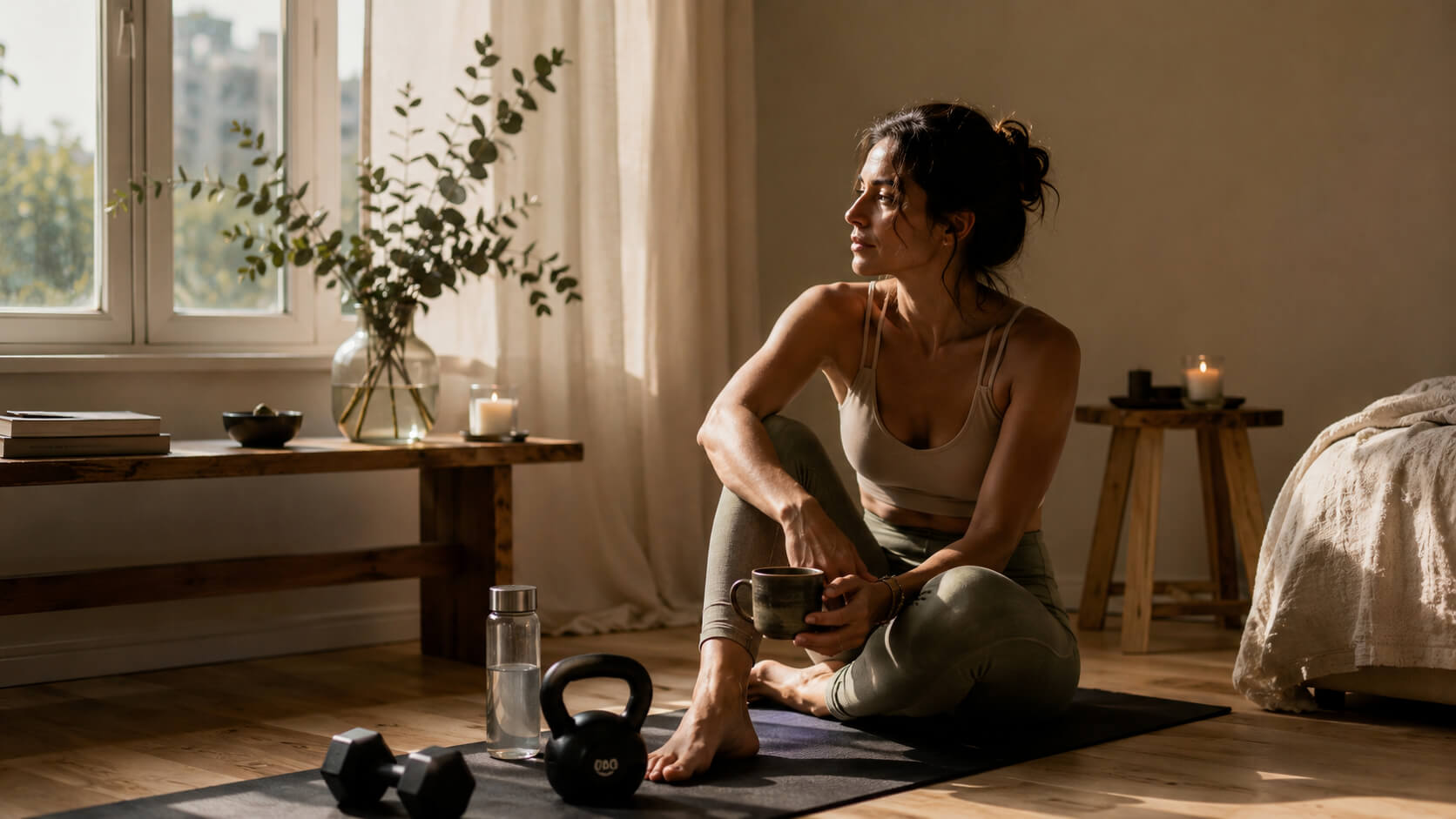 Mujer descansando después de entrenar en un espacio íntimo iluminado por luz natural, conectando con su cuerpo y respiración.