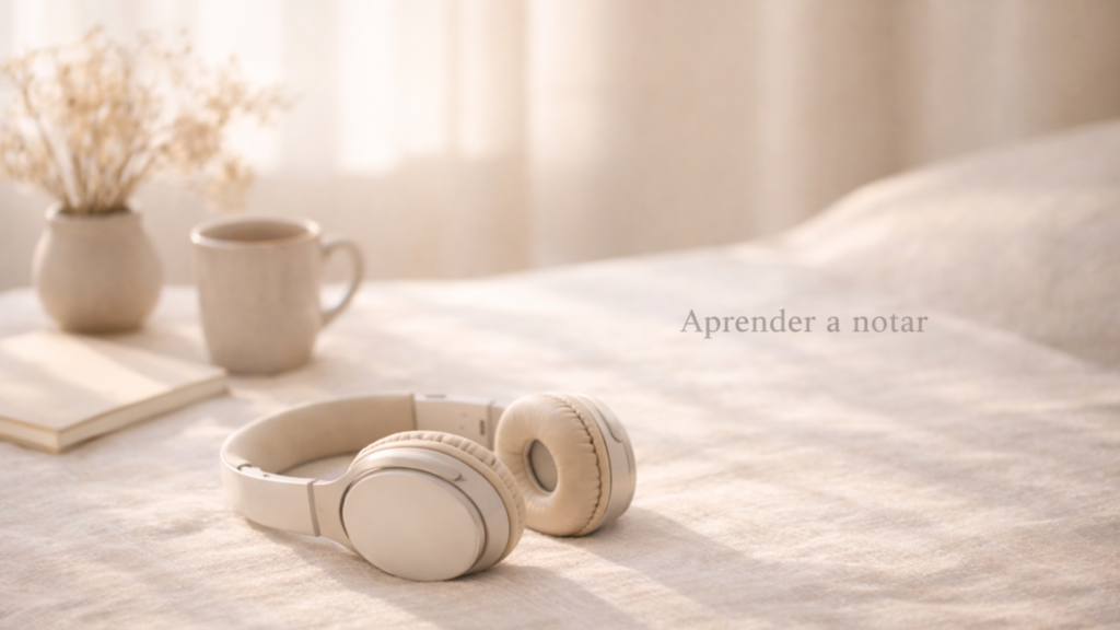 Auriculares beige apoyados sobre una superficie de lino en un interior cálido con luz natural suave; al fondo, una taza de cerámica, un cuaderno y flores secas, creando una atmósfera de calma y de aprender a notar.