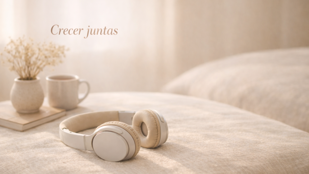 Auriculares beige descansando sobre una superficie de lino en un interior cálido y luminoso, junto a una taza de cerámica y flores secas, en una atmósfera de calma y pausa.