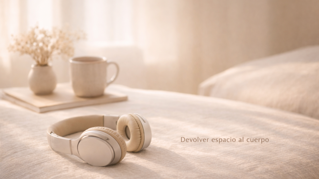 Auriculares beige reposando sobre una superficie de lino en un interior cálido con luz natural suave; al fondo, una taza de cerámica y flores secas, creando una atmósfera de pausa y de devolver espacio al cuerpo.