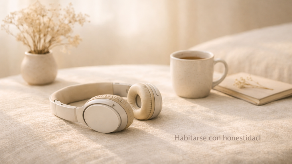 Auriculares beige apoyados sobre una superficie de lino en un interior cálido con luz natural suave; una taza de cerámica, un cuaderno y flores secas al fondo, transmitiendo calma, presencia y habitarse con honestidad.