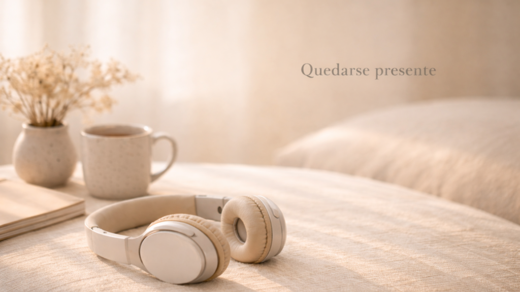 Auriculares beige descansando sobre una superficie de lino en un interior cálido con luz natural suave; al fondo, una taza de cerámica y flores secas, creando una atmósfera de calma y de quedarse presente