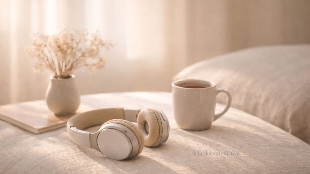 Auriculares beige reposando sobre una superficie de lino en un interior cálido con luz natural suave; una taza de cerámica con bebida caliente y flores secas al fondo, creando una atmósfera de pausa y salida del automático.