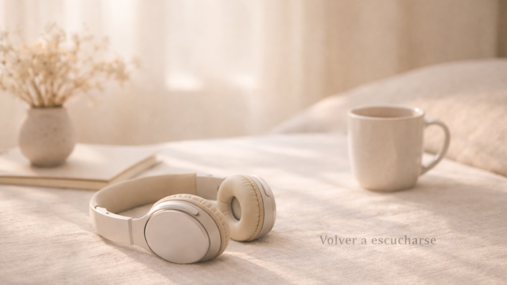 Auriculares beige apoyados sobre una superficie de lino en un interior cálido con luz natural suave; al fondo, una taza de cerámica, un cuaderno y flores secas, creando una atmósfera de calma y de volver a escucharse.