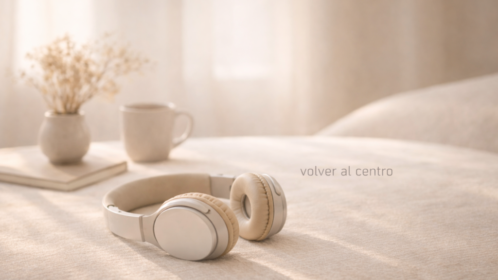 Auriculares beige apoyados sobre una superficie de lino en un interior cálido con luz natural suave; al fondo, una taza de cerámica y flores secas, transmitiendo calma y regreso al centro.