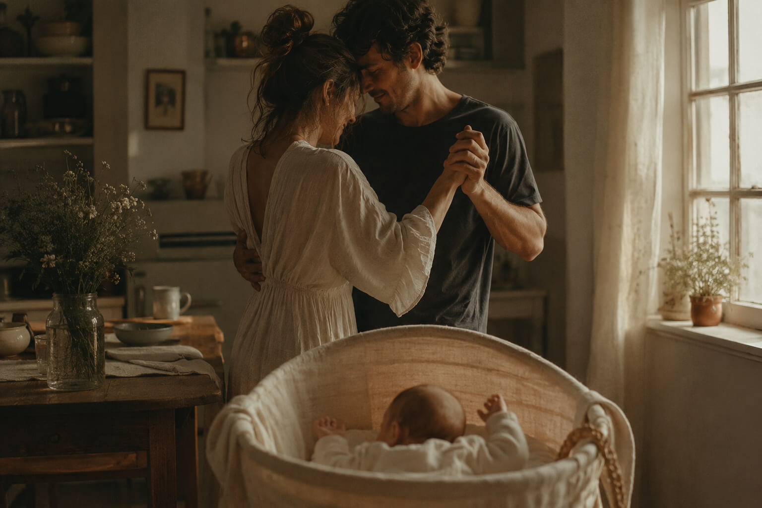 Pareja bailando en una cocina iluminada por la tarde mientras su bebé descansa en silencio
