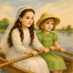 Dos niñas sentadas juntas en una barca de madera sobre un lago tranquilo, sosteniendo los remos, en una escena serena y luminosa.