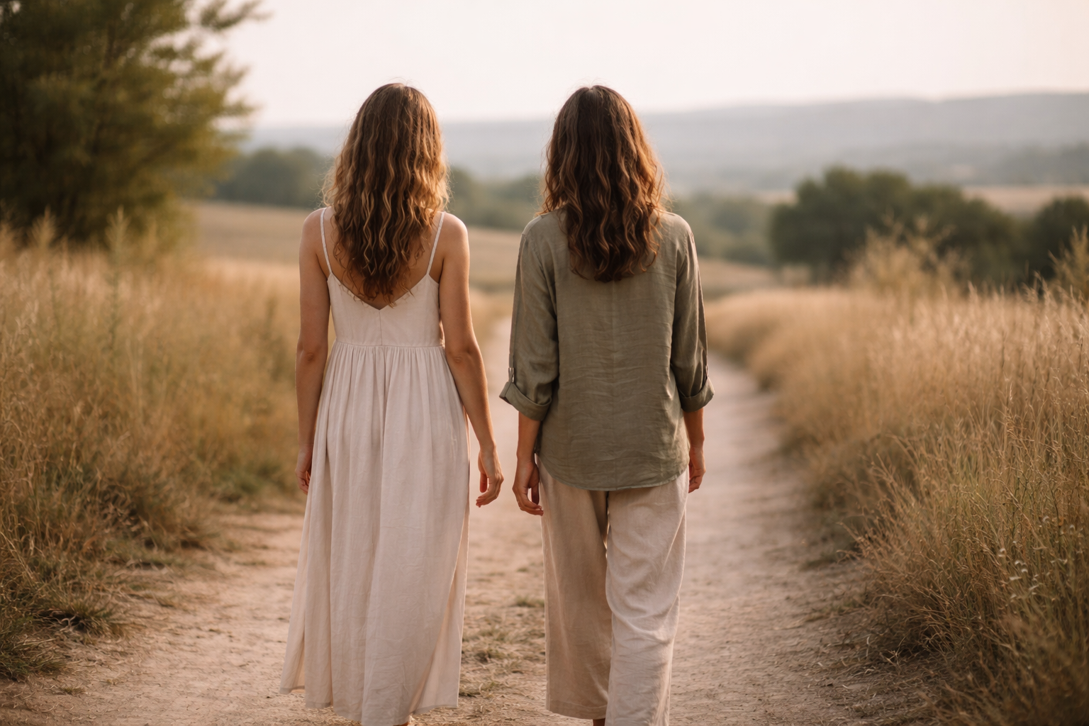 Dos mujeres adultas caminando juntas de espaldas por un camino de tierra, en un paisaje abierto y sereno, evocando un vínculo silencioso.