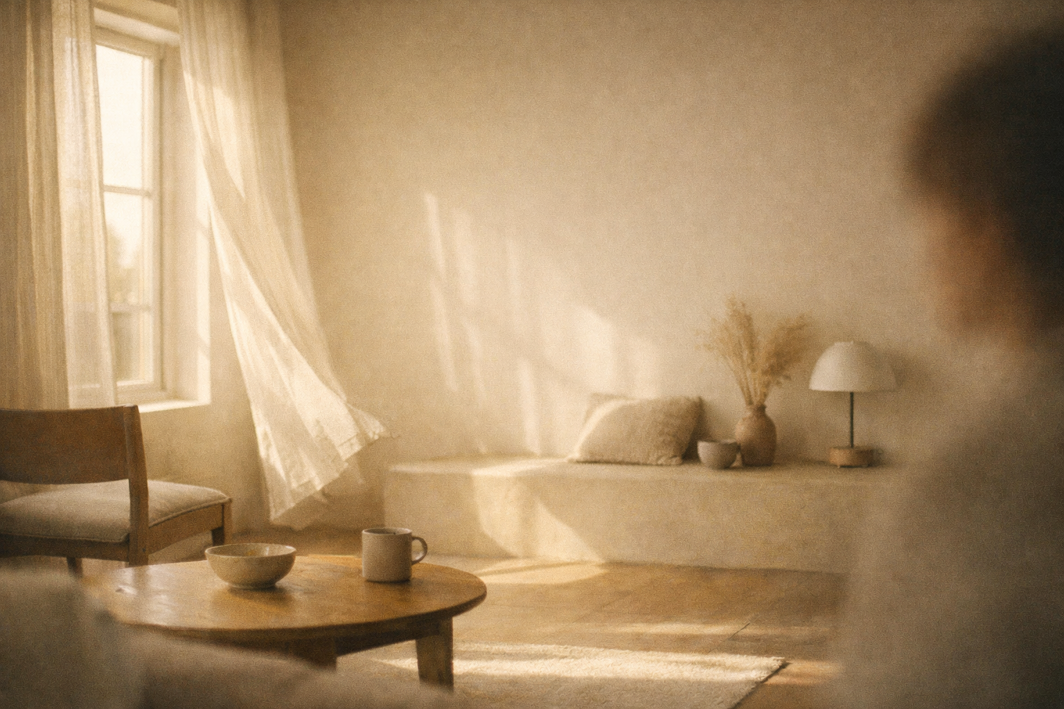 Interior minimalista en invierno con luz cálida de mañana entrando por una ventana, cortina ligera en movimiento, tonos beige y ámbar, espacio silencioso y acogedor, composición limpia y estética fotográfica suave.