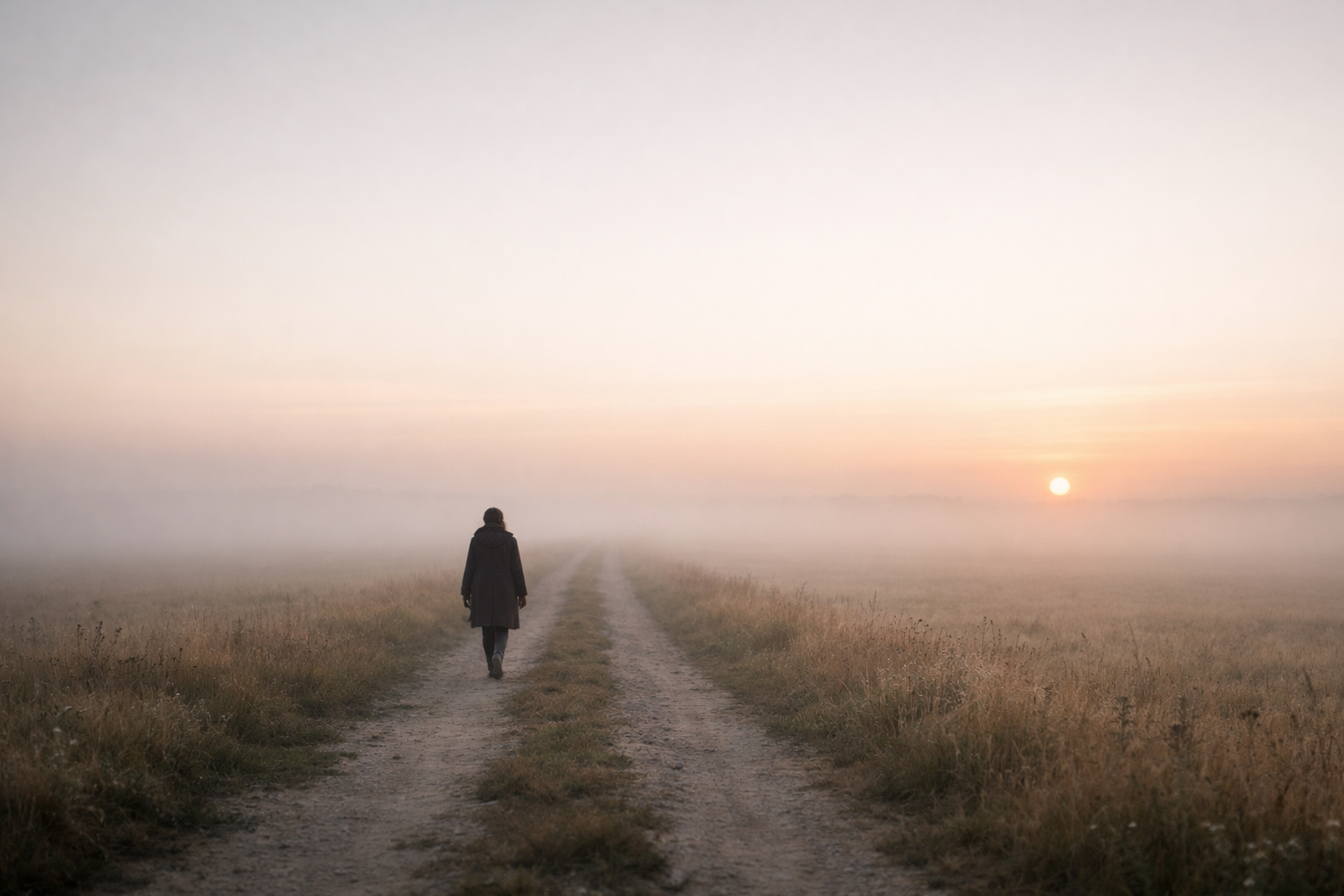 Figura solitaria caminando por un sendero rural entre la niebla al amanecer, con luz suave y horizonte abierto.