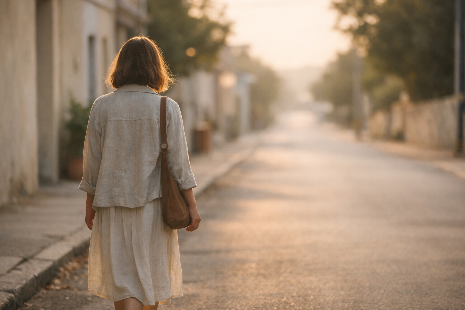 Mujer caminando despacio por una calle tranquila al amanecer, con luz suave y tonos neutros que transmiten calma y presencia.