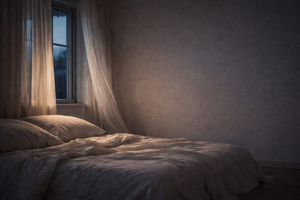 Cama deshecha en una habitación nocturna, iluminada por una luz suave que entra por la ventana, con cortinas ligeras y atmósfera de calma y quietud.