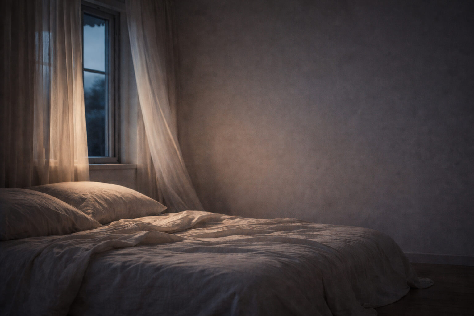 Cama deshecha en una habitación nocturna, iluminada por una luz suave que entra por la ventana, con cortinas ligeras y atmósfera de calma y quietud.