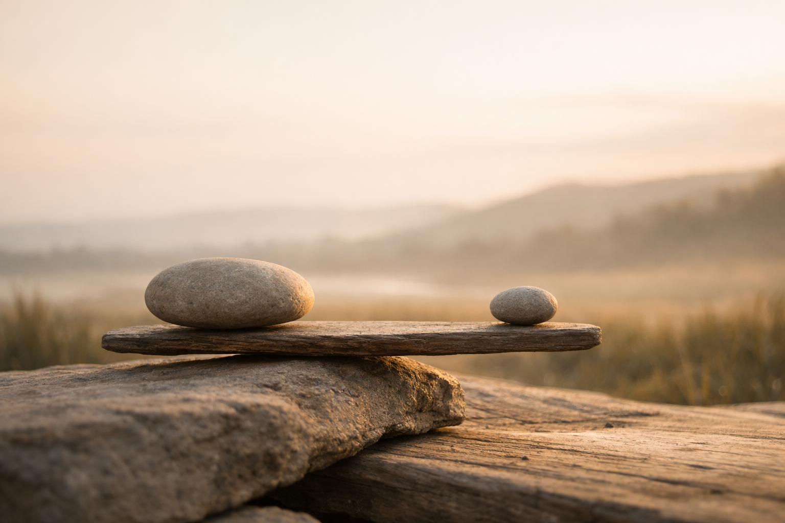 Dos piedras de distinto tamaño en equilibrio sobre una madera envejecida al amanecer, en un paisaje silencioso.
