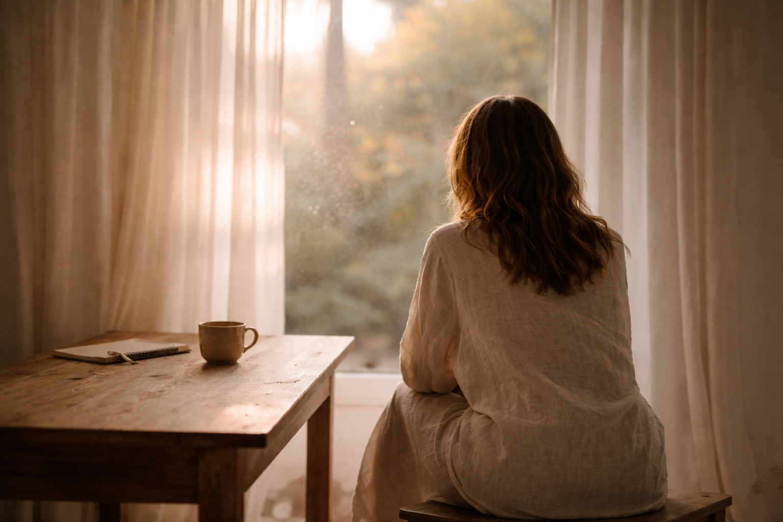 Mujer sentada de espaldas frente a una ventana, luz natural entrando suavemente, una taza sobre la mesa y el tiempo en pausa.