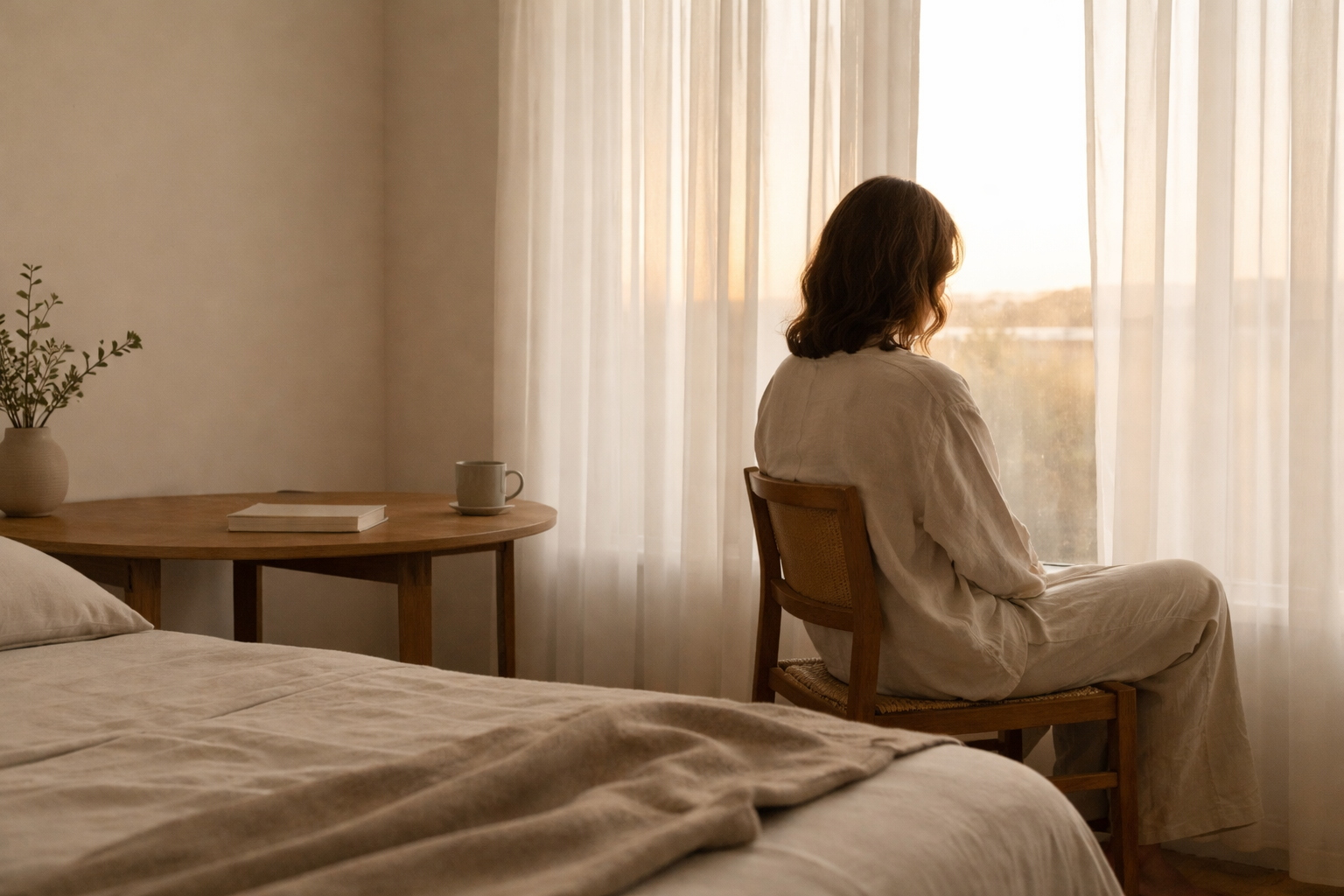 Mujer adulta sentada junto a una ventana en un interior minimalista, iluminado por luz natural suave al amanecer