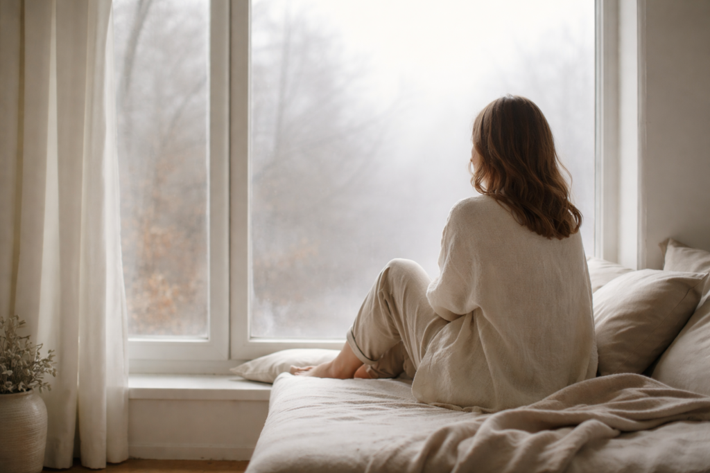 Mujer de espaldas sentada junto a una ventana en una habitación luminosa, con luz suave de invierno y tonos neutros, en un momento de pausa e introspección.