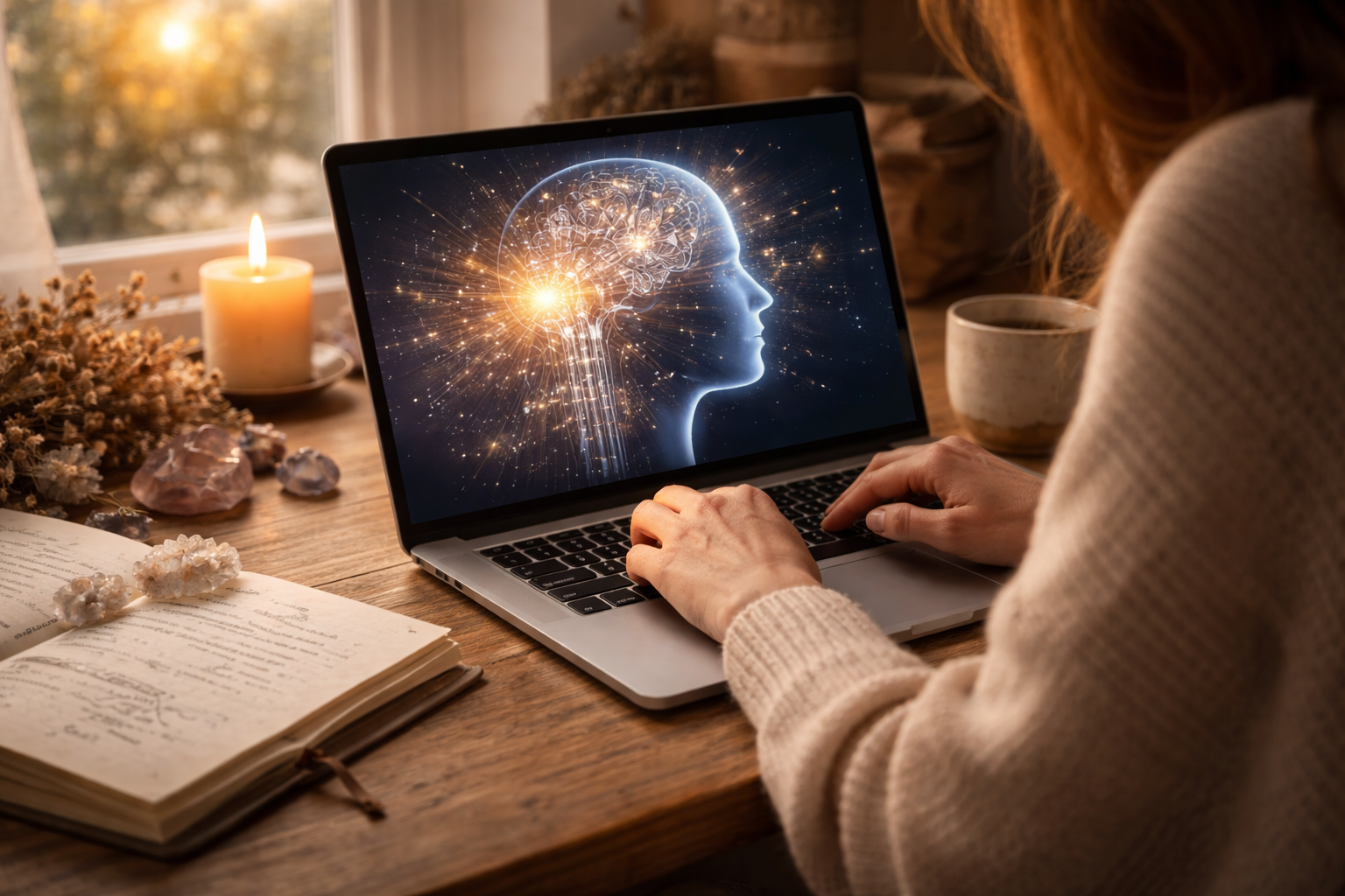 Mujer trabajando en su portátil en un espacio cálido y sereno, con una libreta abierta y una vela encendida, mientras en la pantalla aparece una representación simbólica de inteligencia artificial.