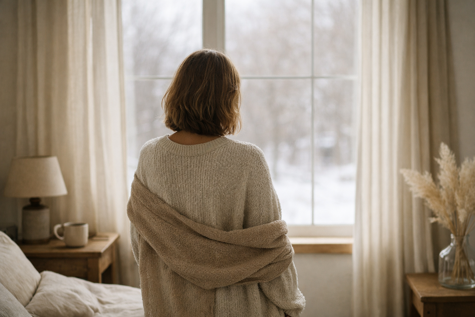 Mujer adulta de espaldas observando la luz de invierno desde un interior cálido, rodeada de tonos neutros y tejidos naturales, en un momento de introspección silenciosa.