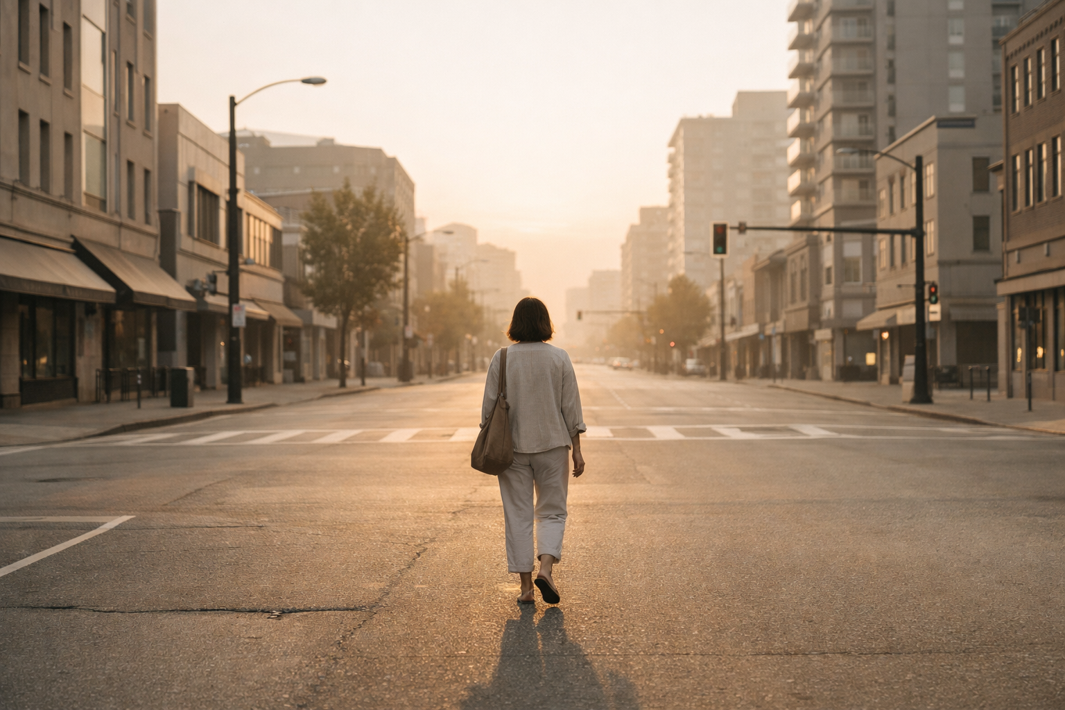 Persona caminando sola por una calle urbana casi vacía al amanecer, con edificios a ambos lados y luz suave de primera hora del día.