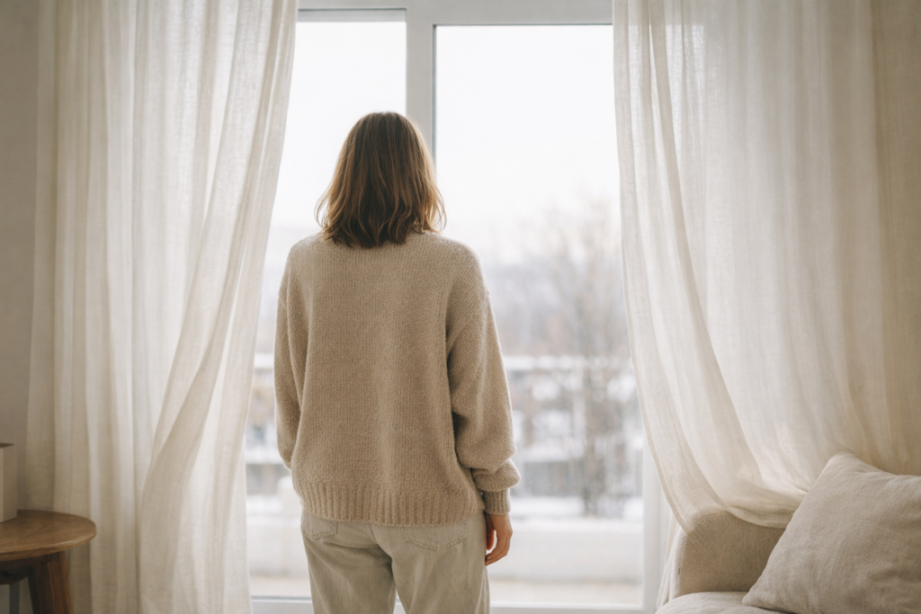 Mujer de espaldas frente a una ventana con luz natural suave, en un interior minimalista y sereno, transmitiendo calma y presencia.