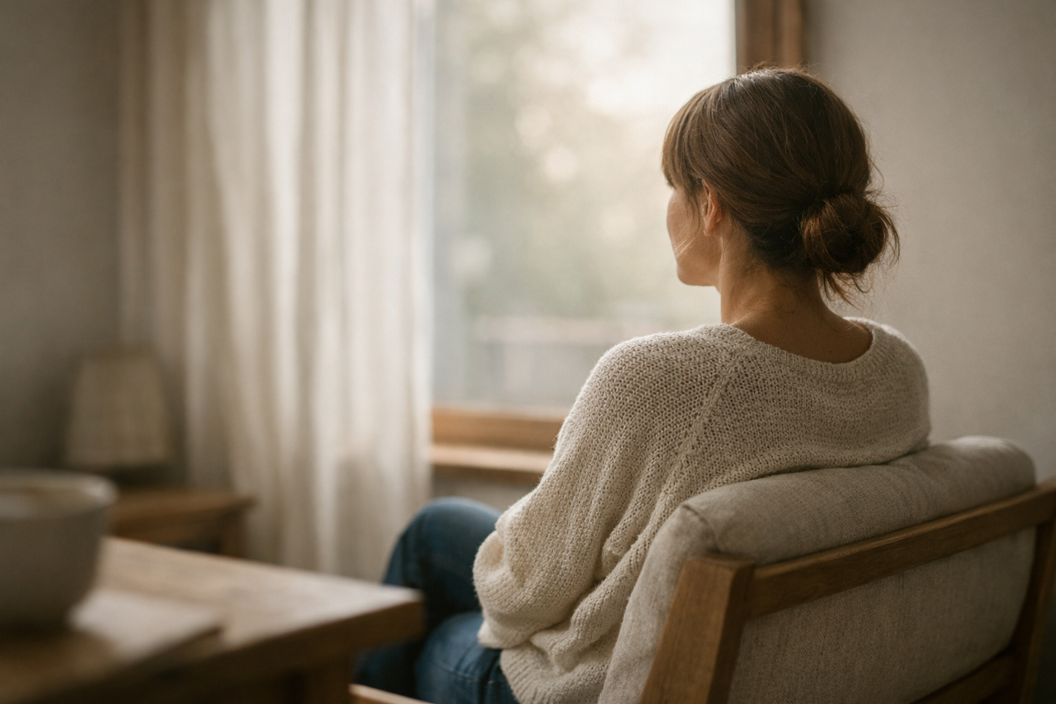 Mujer adulta sentada de espaldas junto a una ventana con luz natural suave en un interior minimalista de tonos neutros.