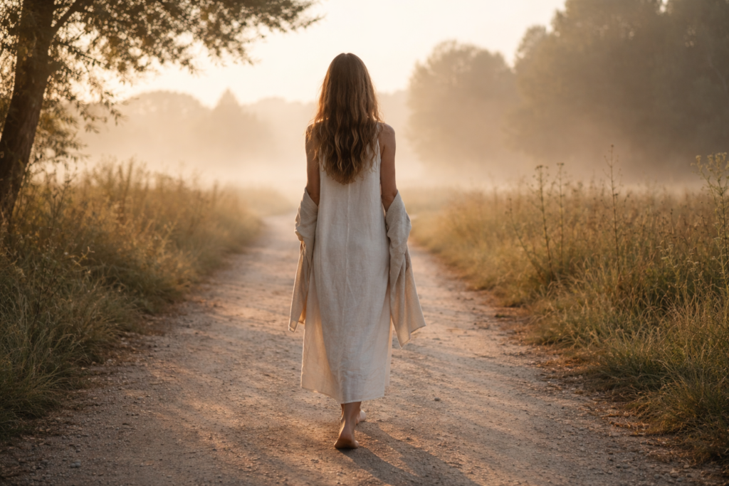 Mujer caminando de espaldas por un camino vacío al amanecer, en una escena tranquila y contemplativa