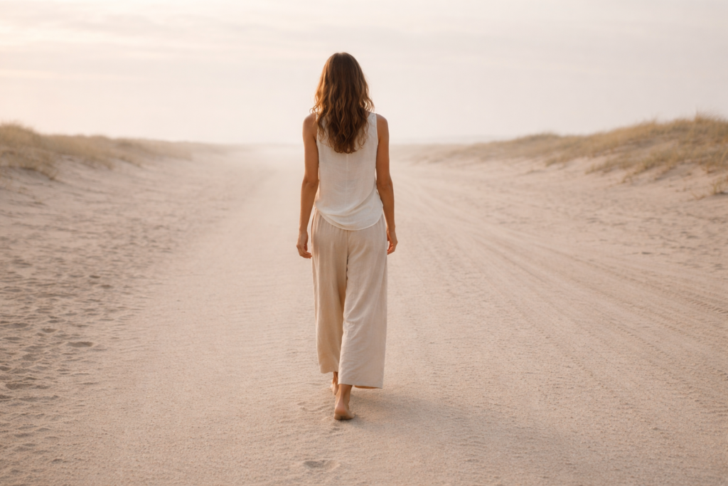 Mujer de espaldas caminando sola por un sendero claro y minimalista, con ropa de lino en tonos neutros y luz suave de amanecer.