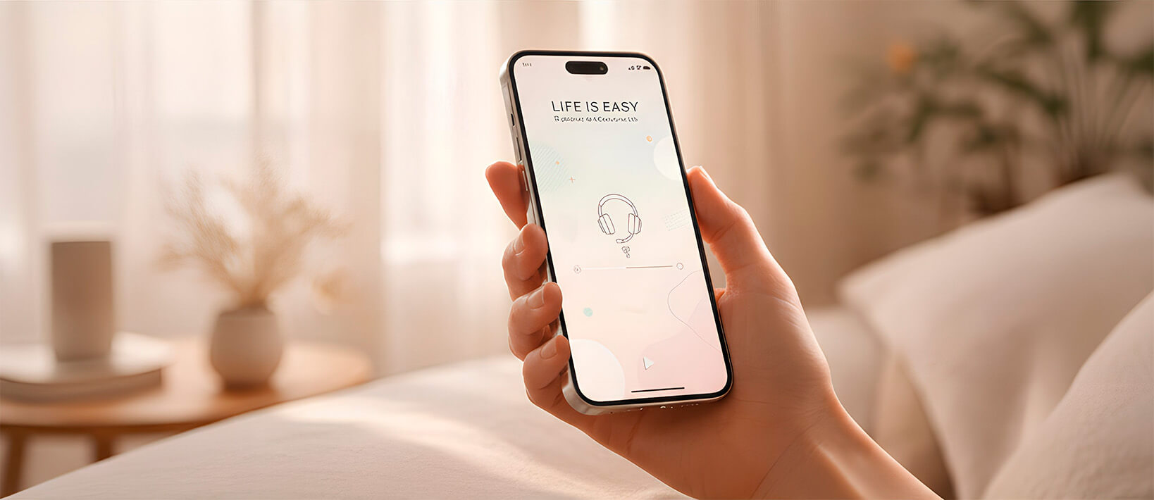 Mano sosteniendo un móvil con la interfaz de un podcast en una escena minimalista, con luz natural suave y fondo neutro.