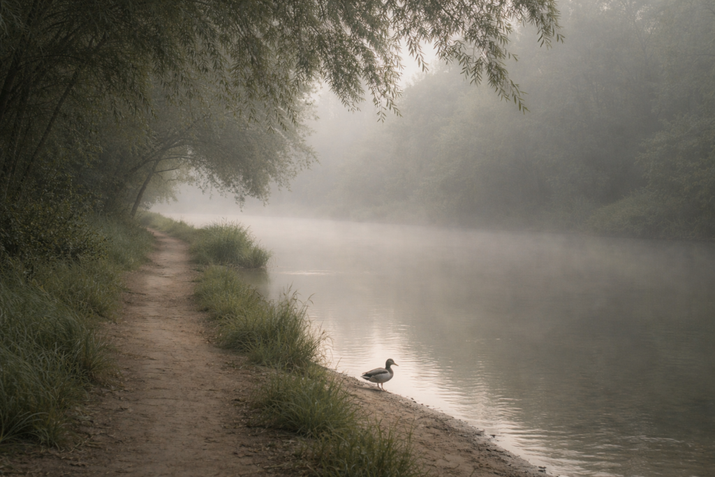 Sendero estrecho junto a un río tranquilo en un parque natural, con luz suave de la mañana y un pato solitario junto al agua.