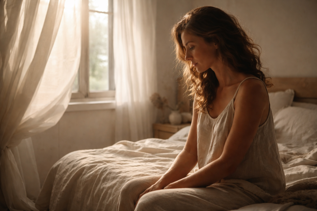 Mujer sentada en la cama al amanecer en actitud de escucha interior