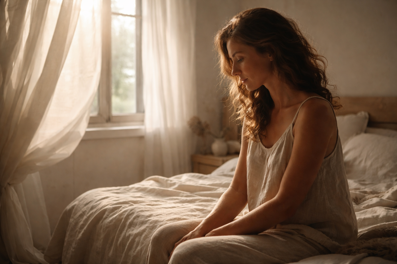 Mujer sentada en la cama al amanecer en actitud de escucha interior